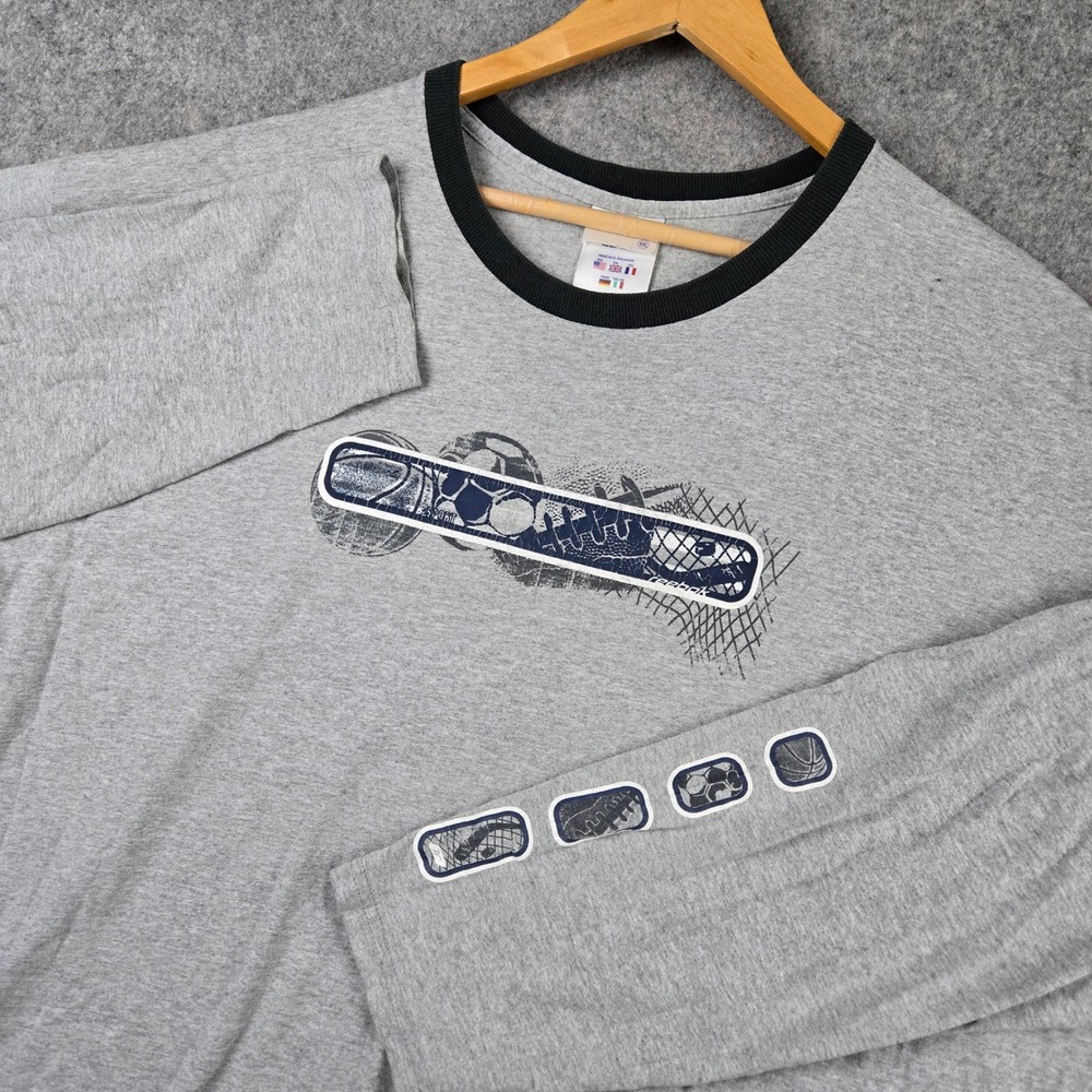 Vtg‎ Y2K Reebok Shirt Mens XXL Gray Long Sleeve Graphic Tee Athleisure